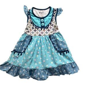 Ruffles by Tutu and Lulu Toddler Girls Blue Pom Pom Trim Dress Size 2-3T